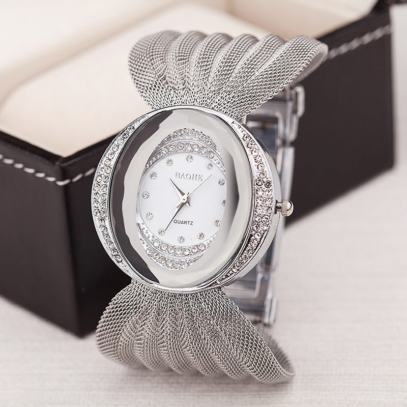 Watch Flower Oval Broadband Gold Mesh Strap Ladies Quartz Watch Set