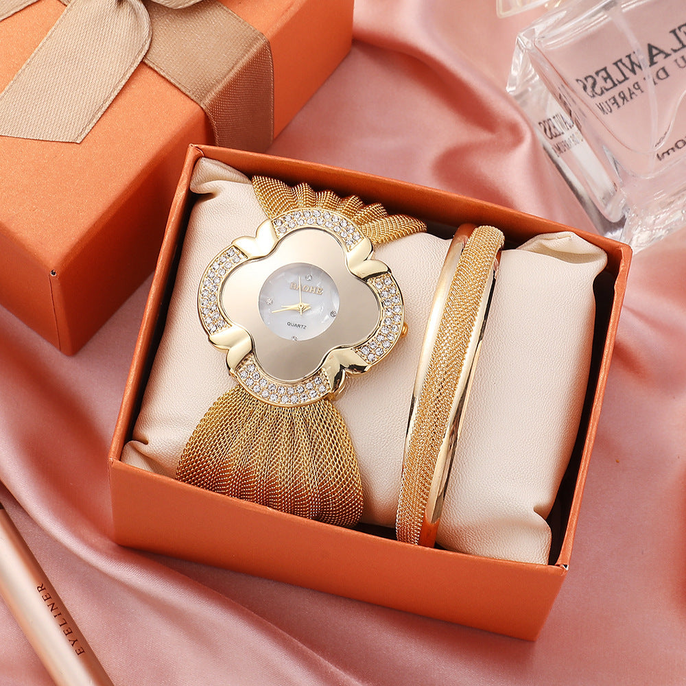 Watch Flower Oval Broadband Gold Mesh Strap Ladies Quartz Watch Set
