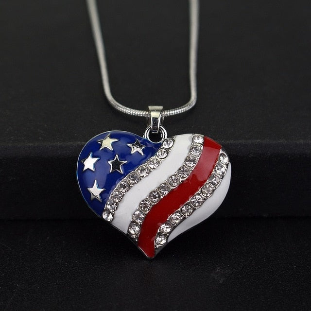 American Flag Heart & Star Necklace The Old Glory Crystal Necklace Women Gift