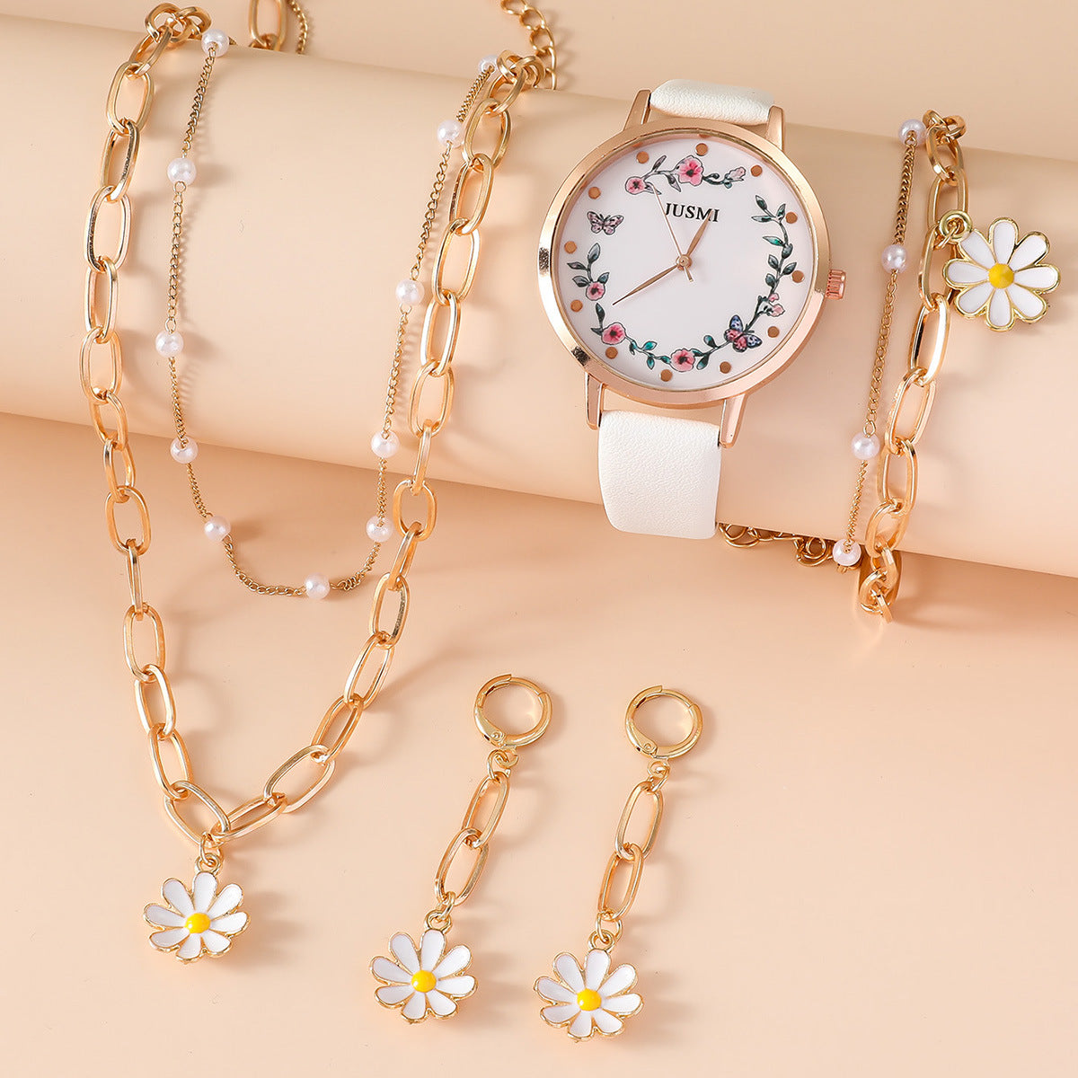Small Daisy Quartz Watch Bracelet Ring Earrings Necklace Set
