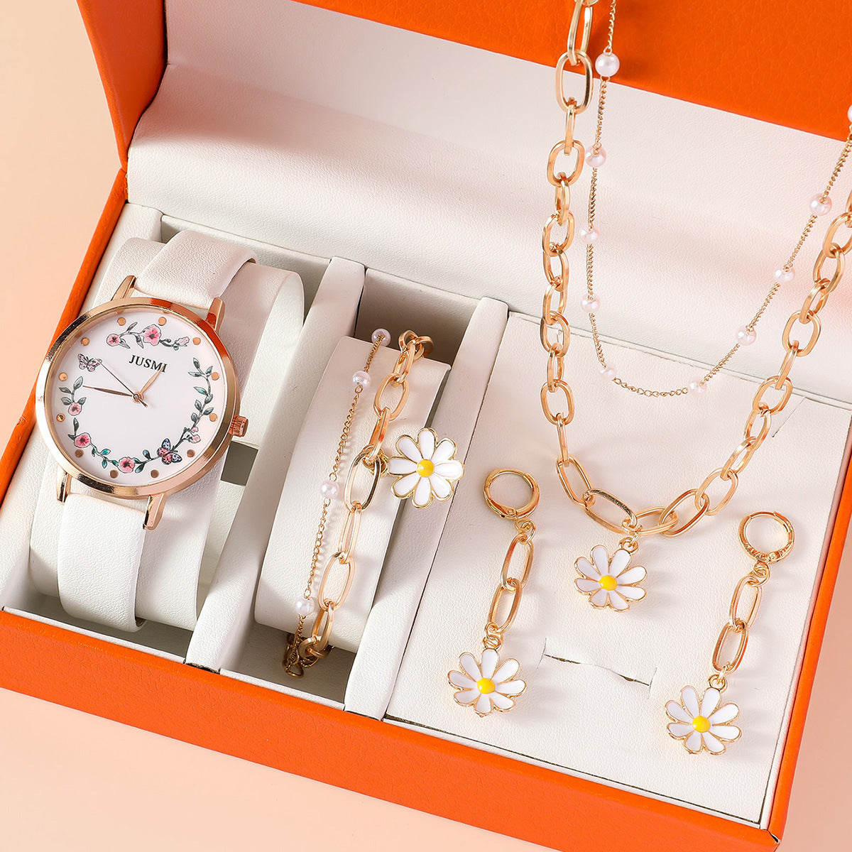 Small Daisy Quartz Watch Bracelet Ring Earrings Necklace Set