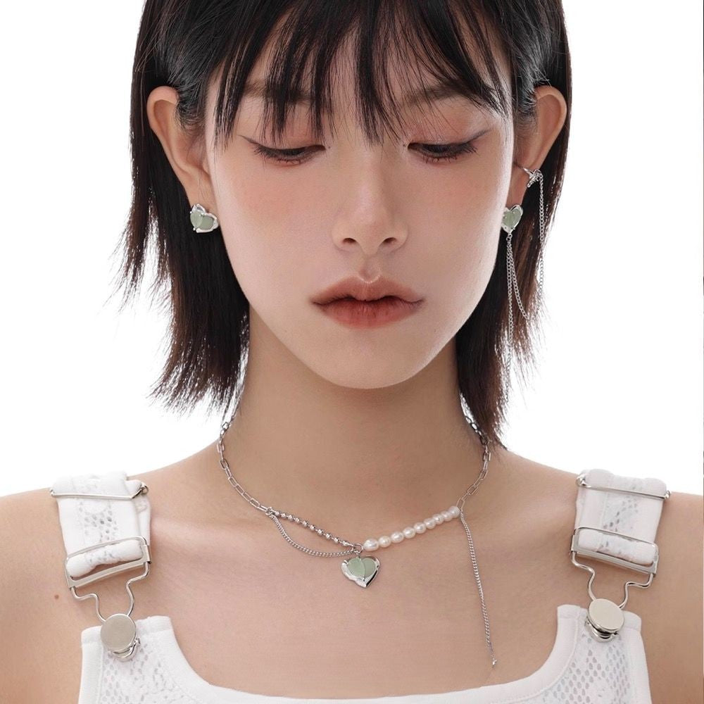 Green Grape Love Asymmetric Versatile Chain Silver Heart Earrings For Women