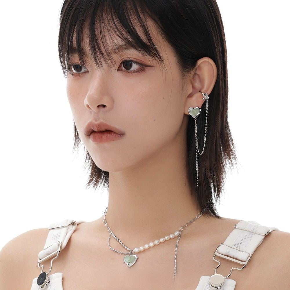Green Grape Love Asymmetric Versatile Chain Silver Heart Earrings For Women