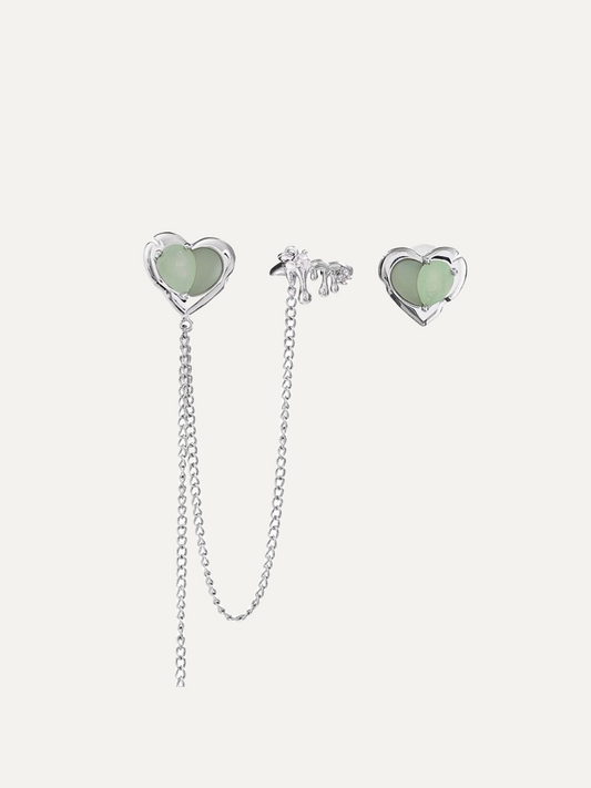 Green Grape Love Asymmetric Versatile Chain Silver Heart Earrings For Women