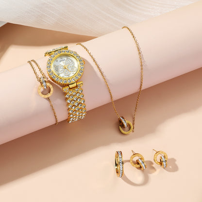 Fashion Wristwatch Women Ring Necklace Earring Bracelets Jewelry Gift Set For Ladies