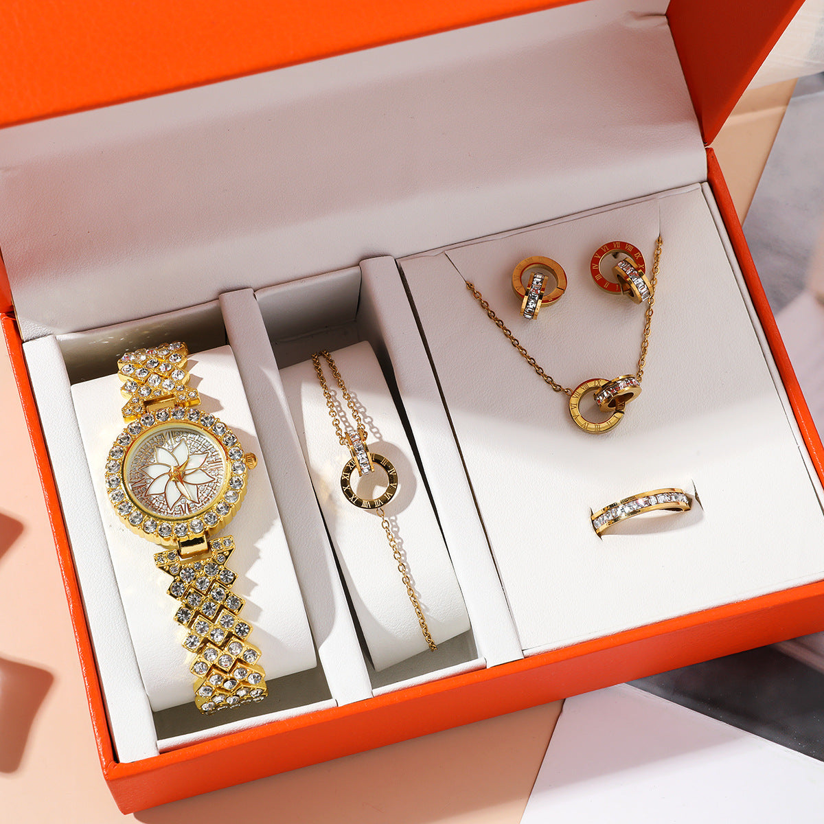 Fashion Wristwatch Women Ring Necklace Earring Bracelets Jewelry Gift Set For Ladies