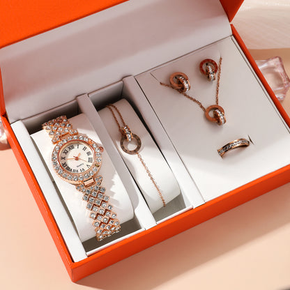 Fashion Wristwatch Women Ring Necklace Earring Bracelets Jewelry Gift Set For Ladies