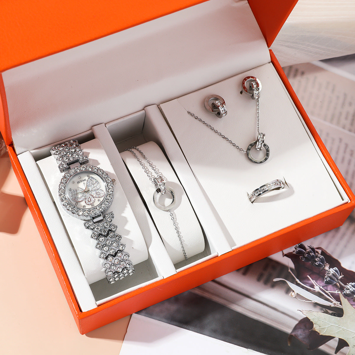 Fashion Wristwatch Women Ring Necklace Earring Bracelets Jewelry Gift Set For Ladies