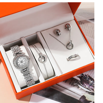 Fashion Wristwatch Women Ring Necklace Earring Bracelets Jewelry Gift Set For Ladies