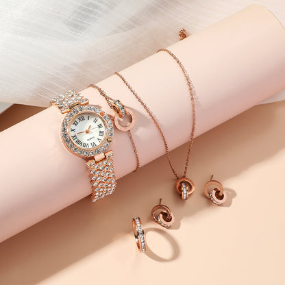 Fashion Wristwatch Women Ring Necklace Earring Bracelets Jewelry Gift Set For Ladies