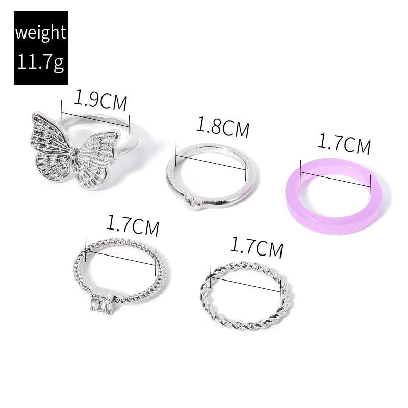 Silver Plated Butterfly 5-Piece Ring Sets for Women