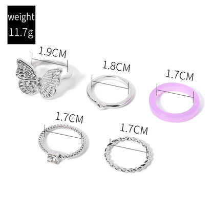 Silver Plated Butterfly 5-Piece Ring Sets for Women