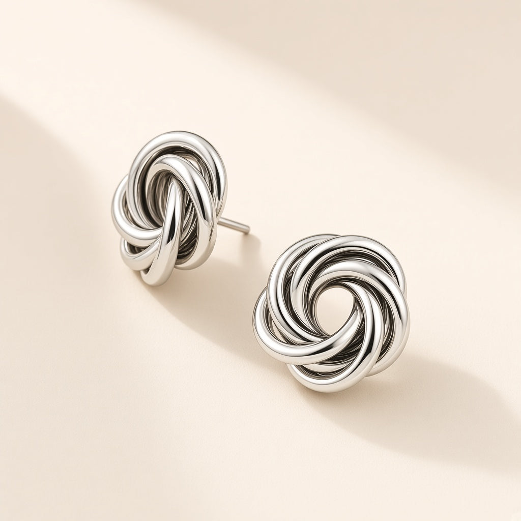 Interlaced Loop Knot Stud Earrings – Silver Polished