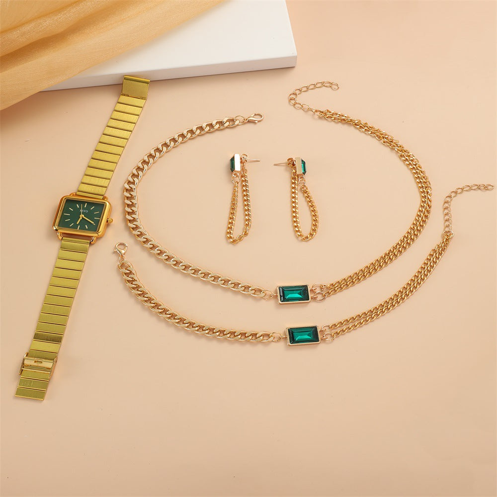 Square Quartz Watch Emerald Necklace Earrings Bracelet