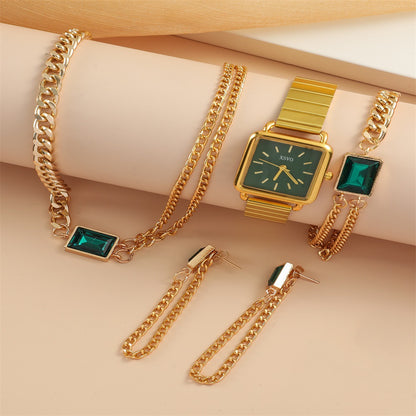 Square Quartz Watch Emerald Necklace Earrings Bracelet