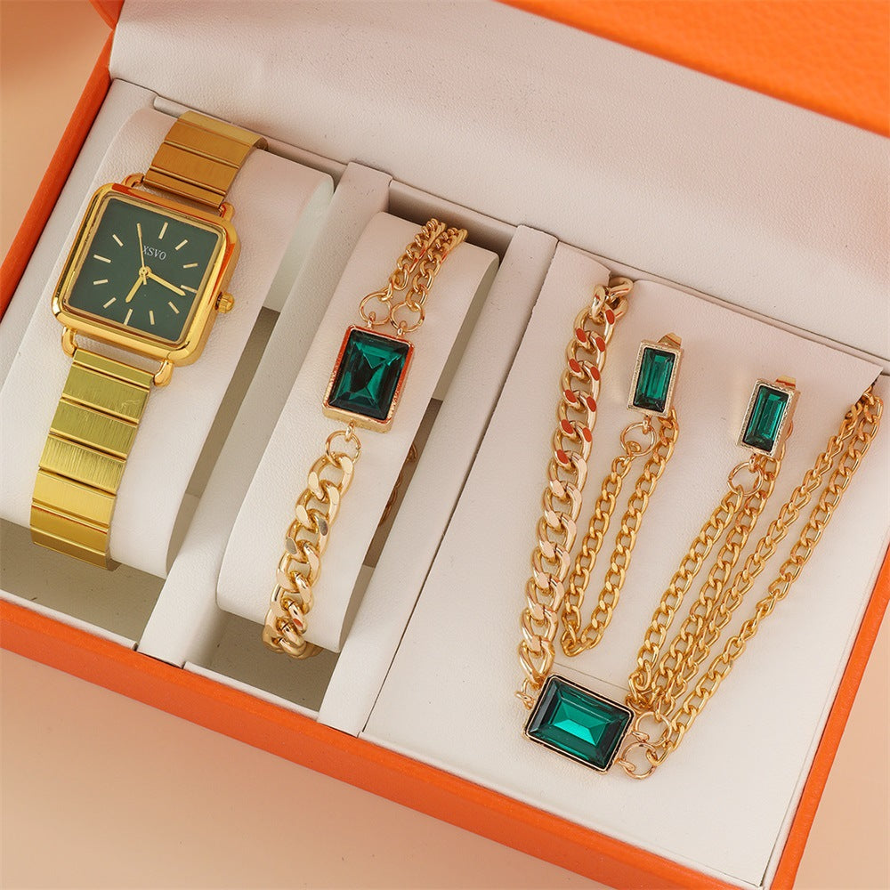 Square Quartz Watch Emerald Necklace Earrings Bracelet