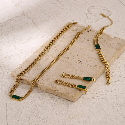 Square Quartz Watch Emerald Necklace Earrings Bracelet