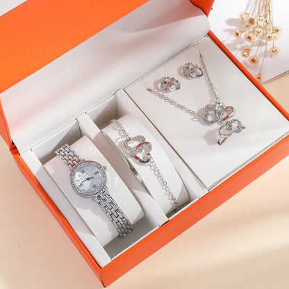 Ladies Quartz Watch Set With Diamond Set Steel Strap Gifts For Women