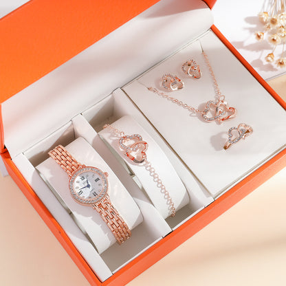 Ladies Quartz Watch Set With Diamond Set Steel Strap Gifts For Women