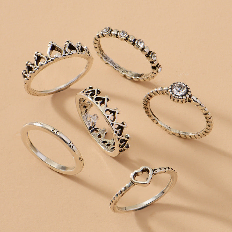 Heart Crown Antique Silver Ring Sets for Women