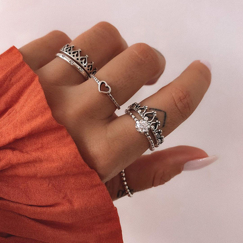 Heart Crown Antique Silver Ring Sets for Women