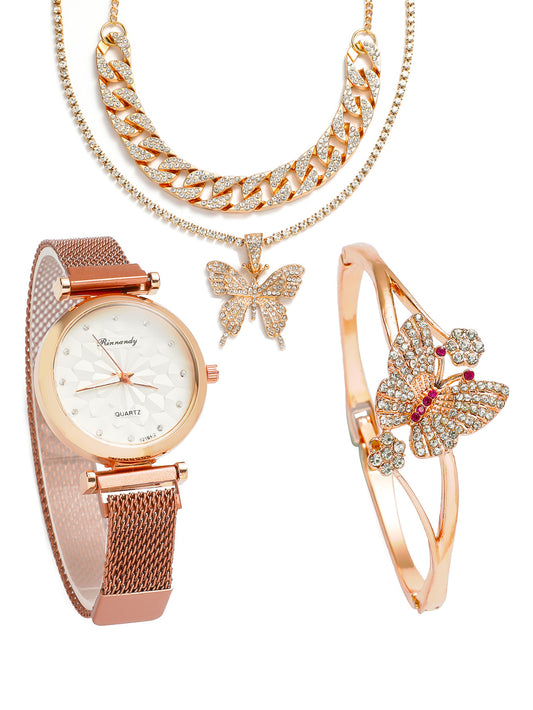 Mesh Strap Quartz Watch Butterfly Bracelet Necklace 3pcs/set