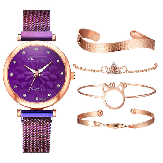 Flower Magnet Buckle Milanese Mesh Strap Watch Cat Ears Bracelet Set Gifts For Women