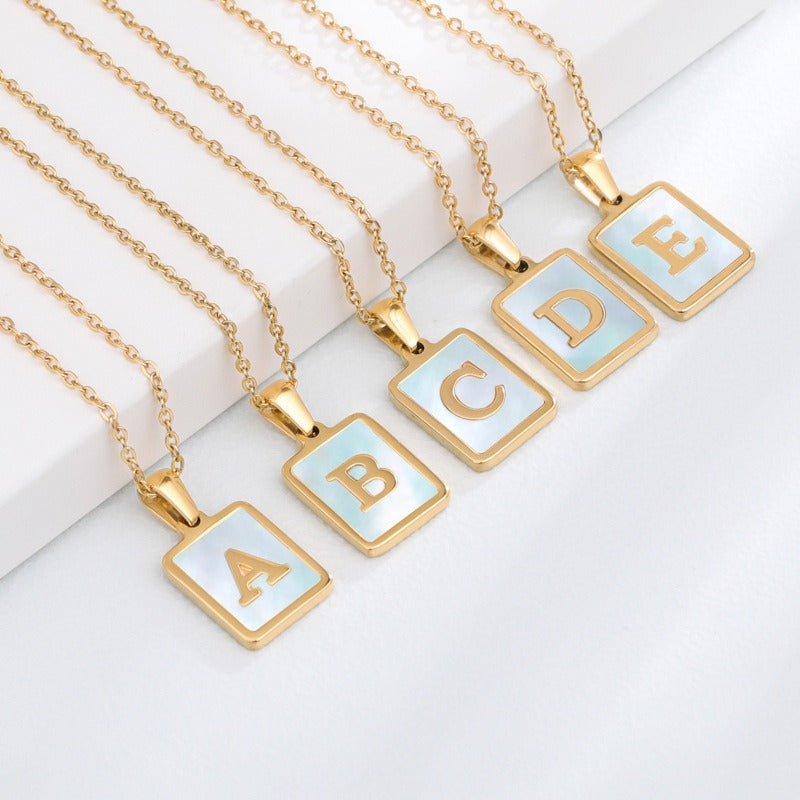 Bubble Letter Necklace Gold Shell Inlaid Titanium Steel English Pendant Necklace