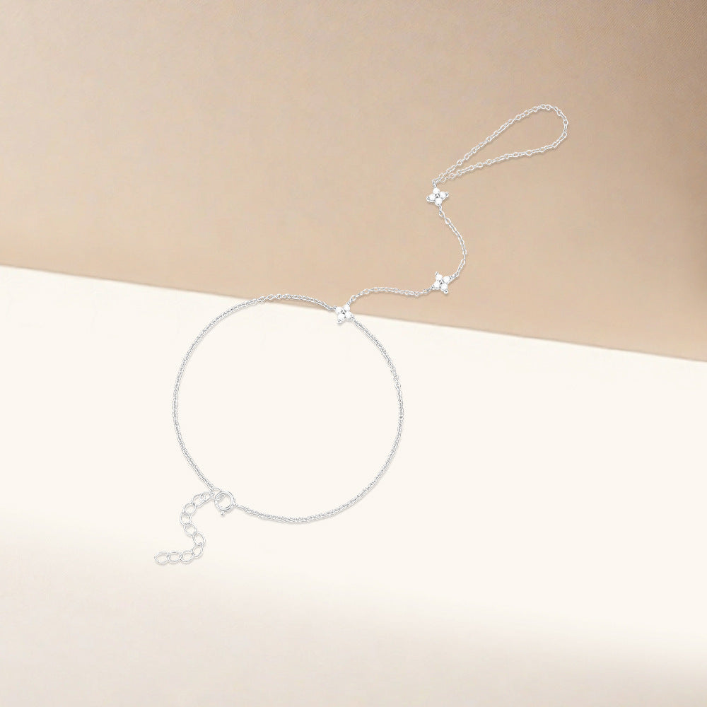 Women's diamond-studded four-leaf flower ring chain bracelet