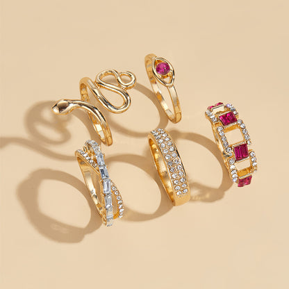 5-Piece Diamond Snake Gold Ring Set Gifts For Women