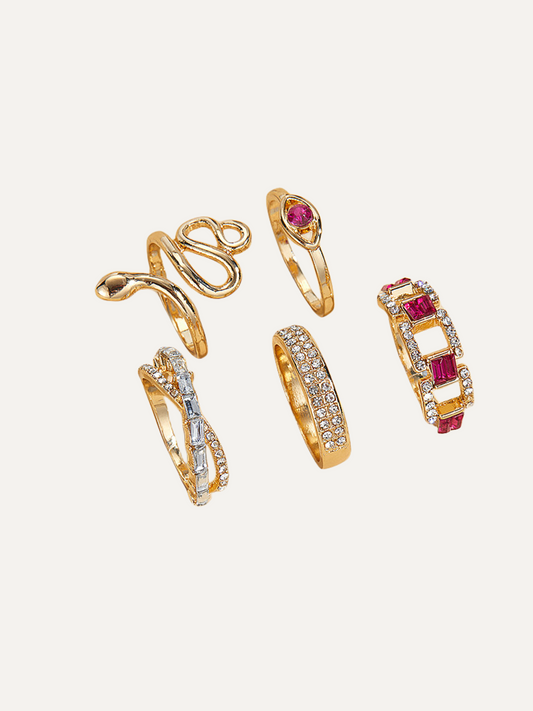 5-Piece Diamond Snake Gold Ring Set Gifts For Women