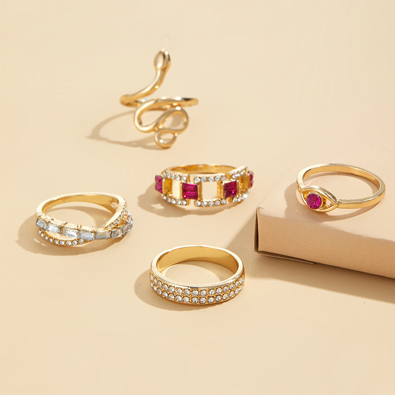 5-Piece Diamond Snake Gold Ring Set Gifts For Women