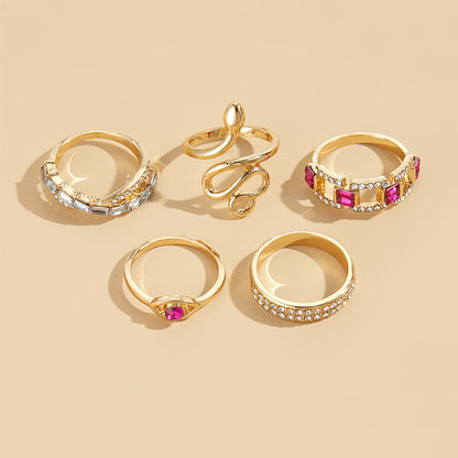 5-Piece Diamond Snake Gold Ring Set Gifts For Women