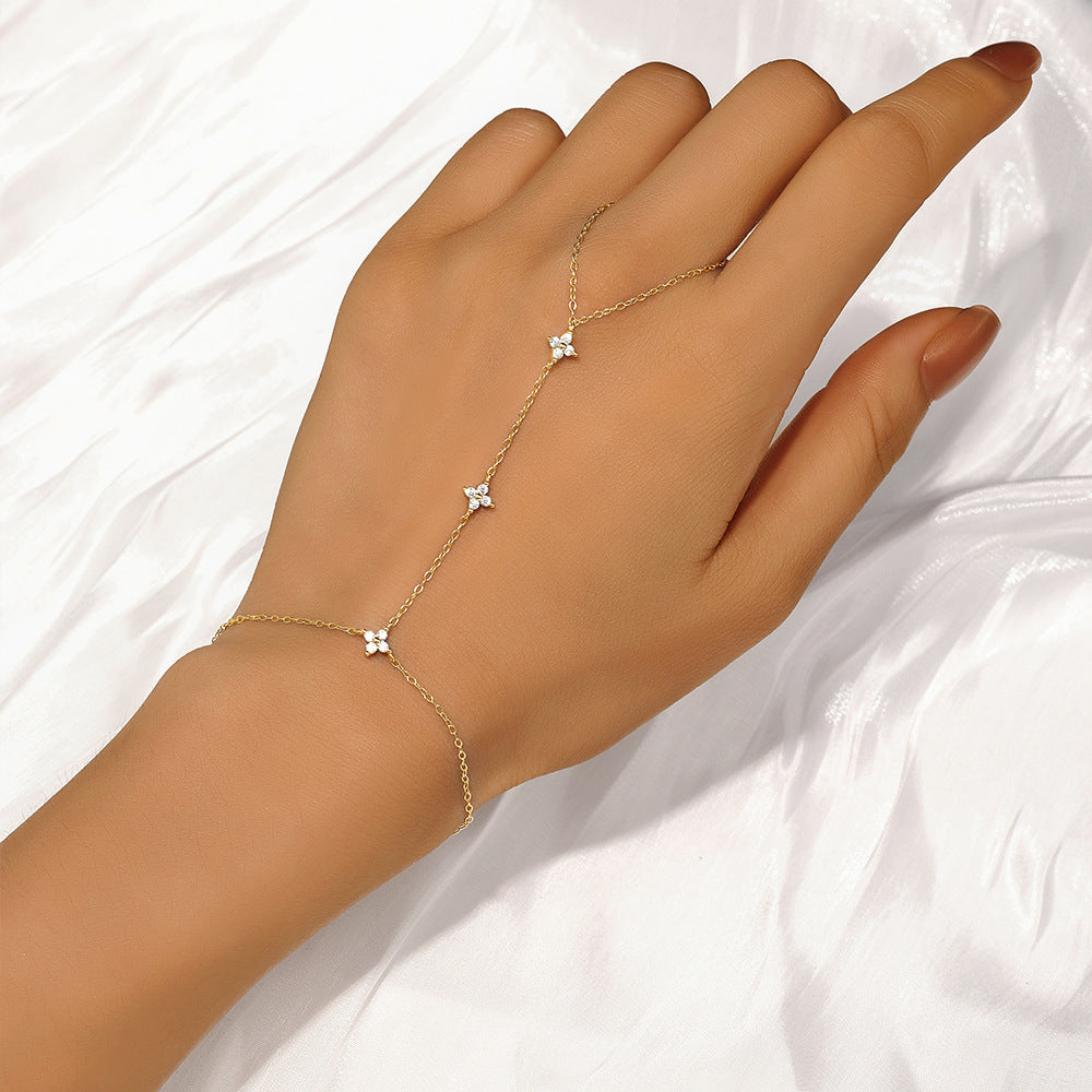 Women's diamond-studded four-leaf flower ring chain bracelet