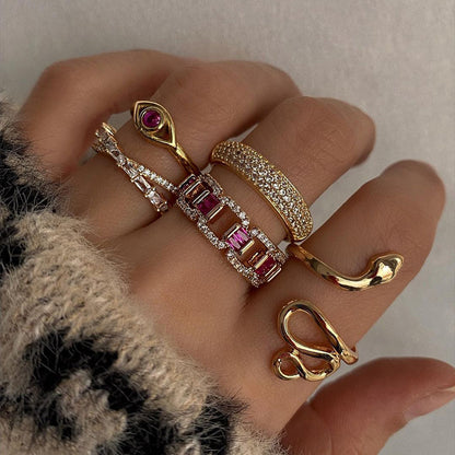 5-Piece Diamond Snake Gold Ring Set Gifts For Women