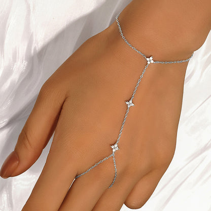 Women's diamond-studded four-leaf flower ring chain bracelet