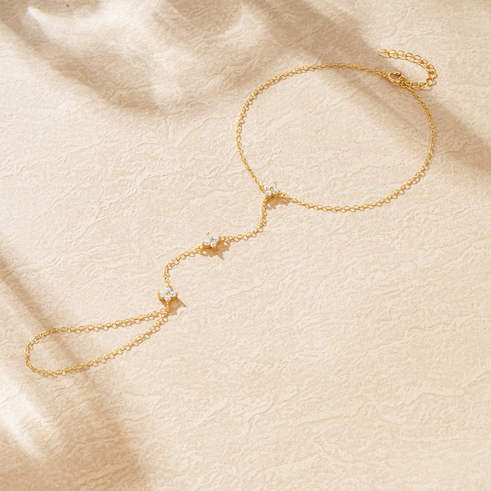 Women's diamond-studded four-leaf flower ring chain bracelet