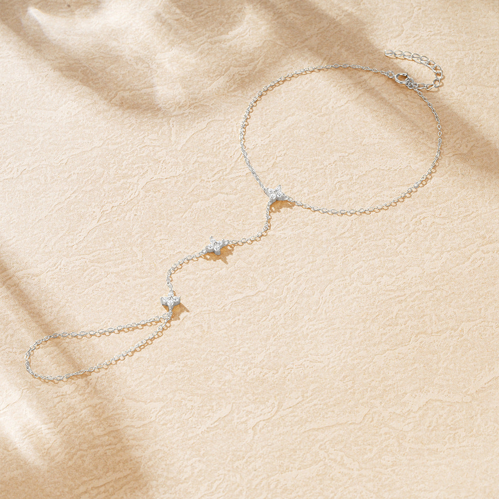 Women's diamond-studded four-leaf flower ring chain bracelet