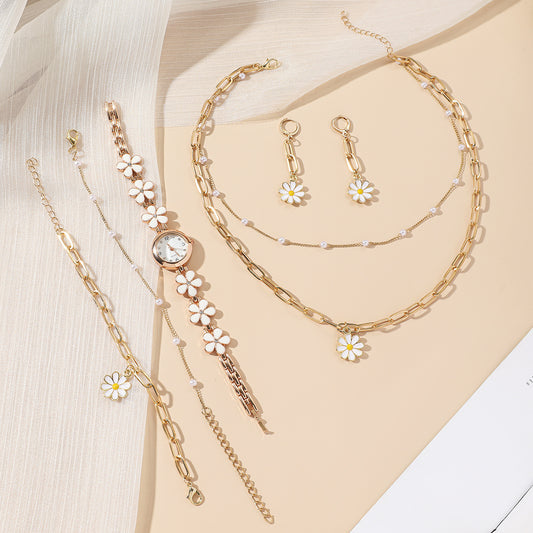 Flower-Backed Oil Chain Quartz Watch & Little Daisy 5 Piece Set Gifts For Women