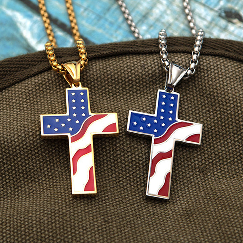 American Flag Patriotic Stainless Steel Cross Religious Jewelry Enamel Pendant Necklace