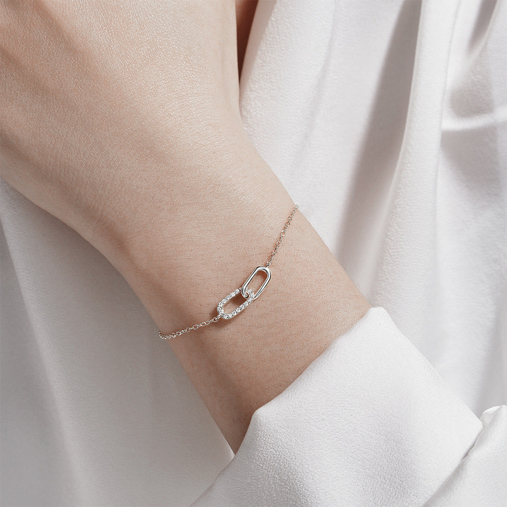 Sterling Silver Double-clasp Cross Bracelet with Zircon