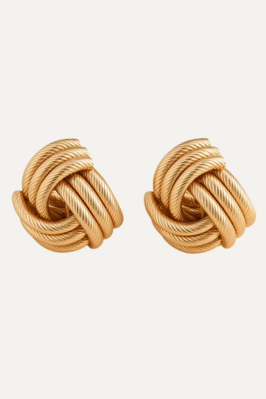 Sculptural Cord Knot Stud Earrings – Gold Ribbed Design