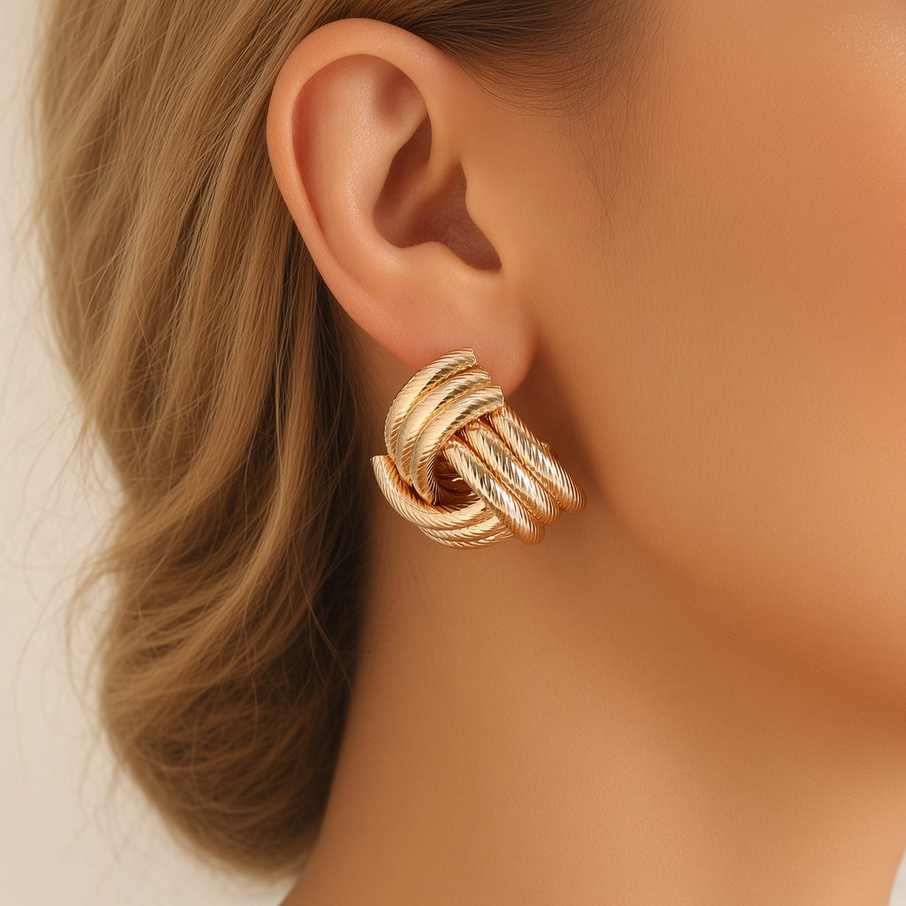 Sculptural Cord Knot Stud Earrings – Gold Ribbed Design