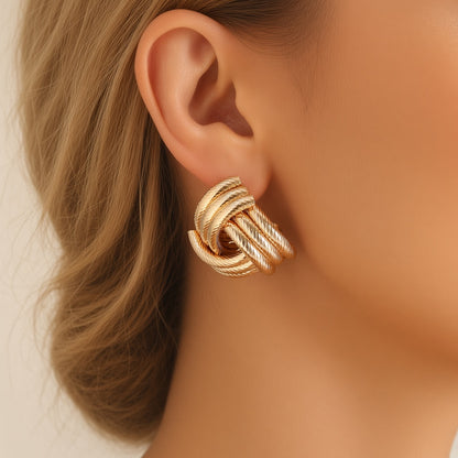 Sculptural Cord Knot Stud Earrings – Gold Ribbed Design
