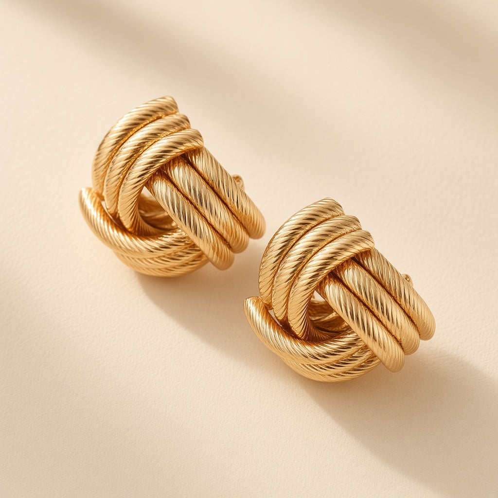 Sculptural Cord Knot Stud Earrings – Gold Ribbed Design