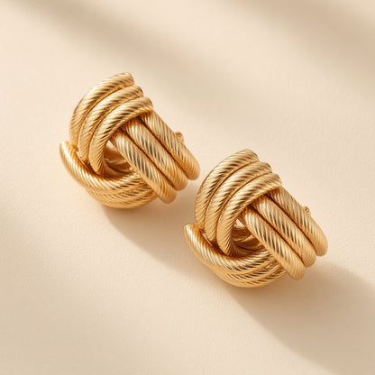 Sculptural Cord Knot Stud Earrings – Gold Ribbed Design