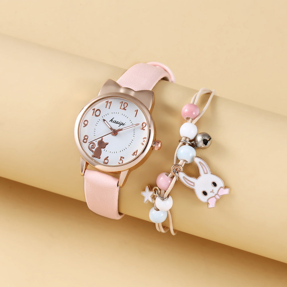 2pcs/set Kids Girl Heart Animal Dial Belt Quartz Watch + Rabbit Bracelet
