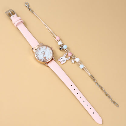 2pcs/set Kids Girl Heart Animal Dial Belt Quartz Watch + Rabbit Bracelet