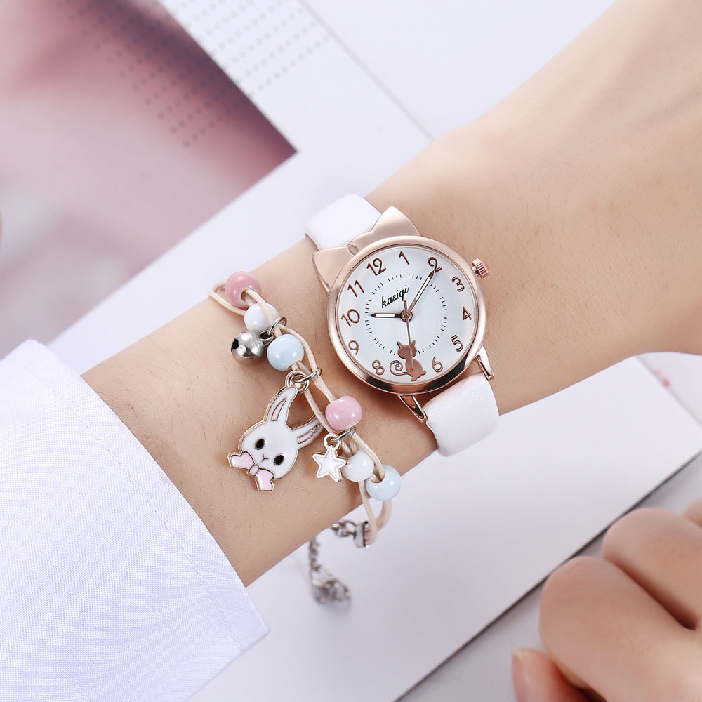 2pcs/set Kids Girl Heart Animal Dial Belt Quartz Watch + Rabbit Bracelet