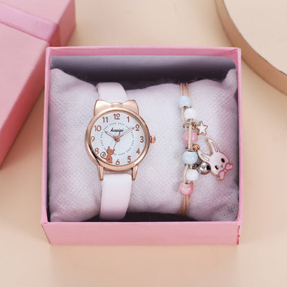 2pcs/set Kids Girl Heart Animal Dial Belt Quartz Watch + Rabbit Bracelet